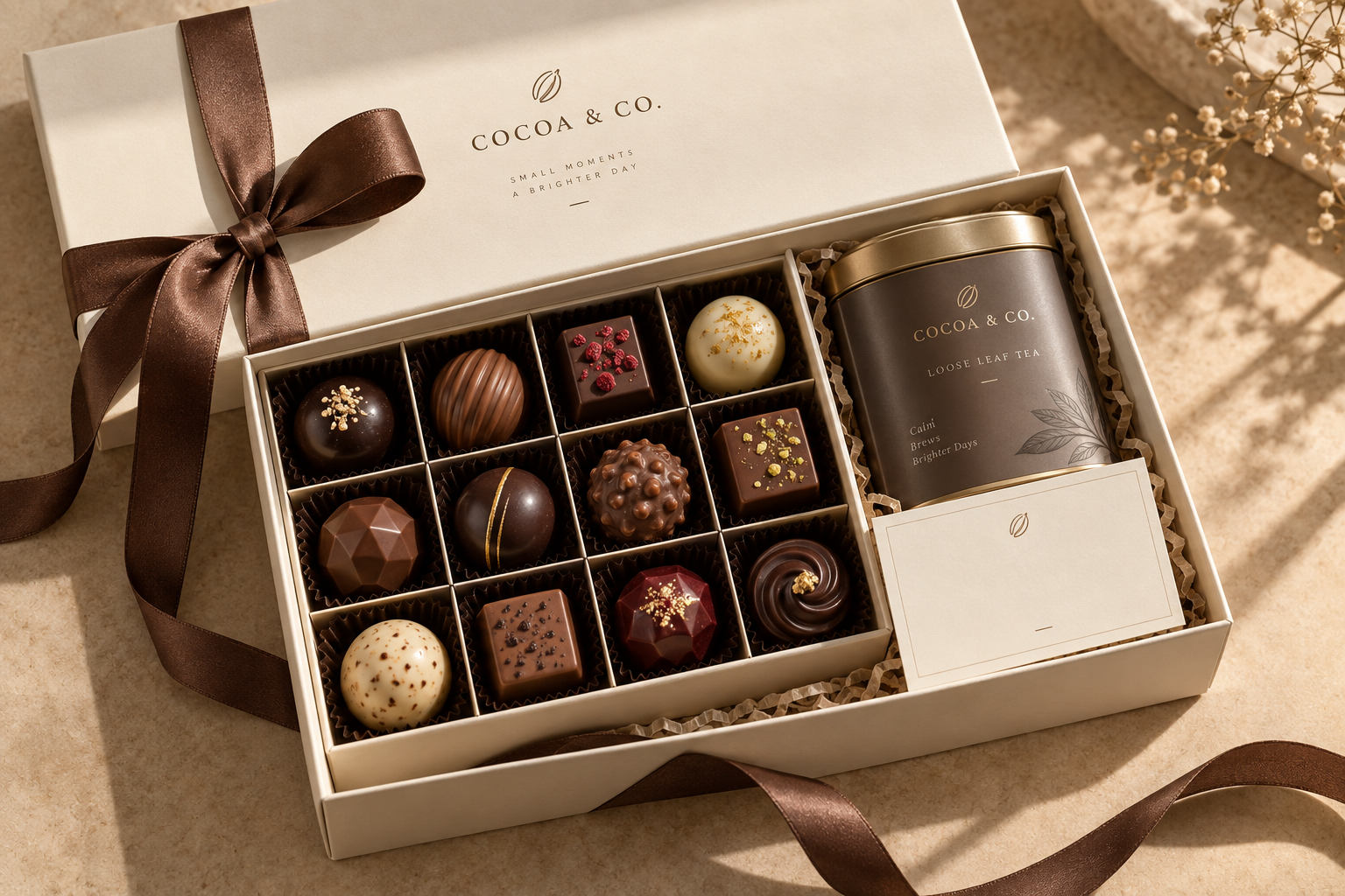Illustrative Cocoa & Co. gift box with chocolates and tea